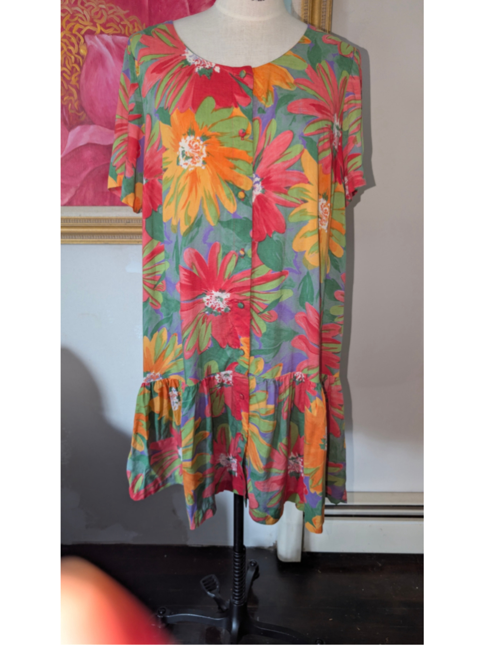 Vintage 80s/ 90s Page Boy Maternity Midi Dress Size L Red Green Floral